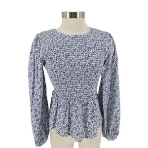 Universal Thread Smocked Shirt White Floral Long Sleeve Peplum Button Top Small